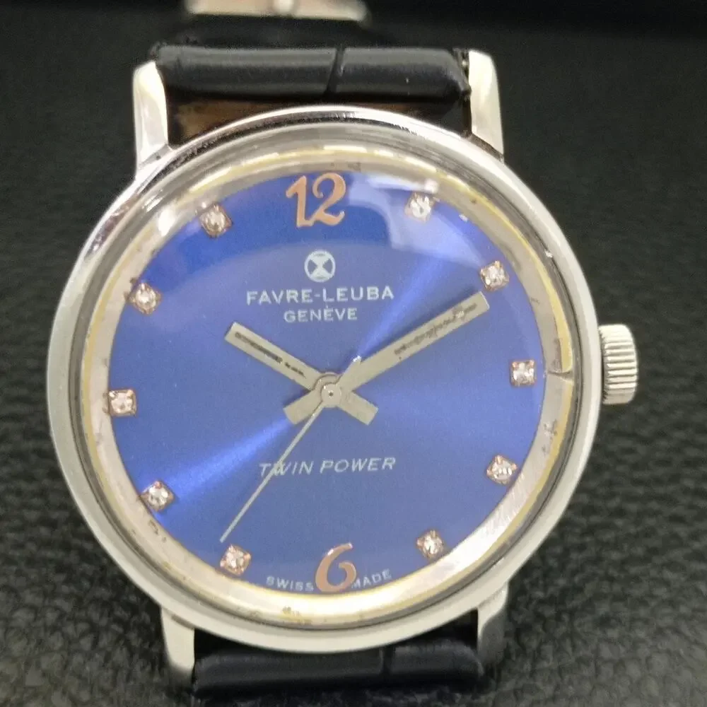 Vintage 1965 Favre Leuba Twin Power Manual Mens Silver Watch W/Leather Strap
